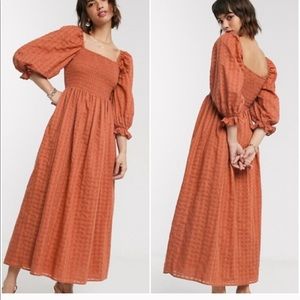 Asos Shirred Puff Sleeve Maxi Dress Rust